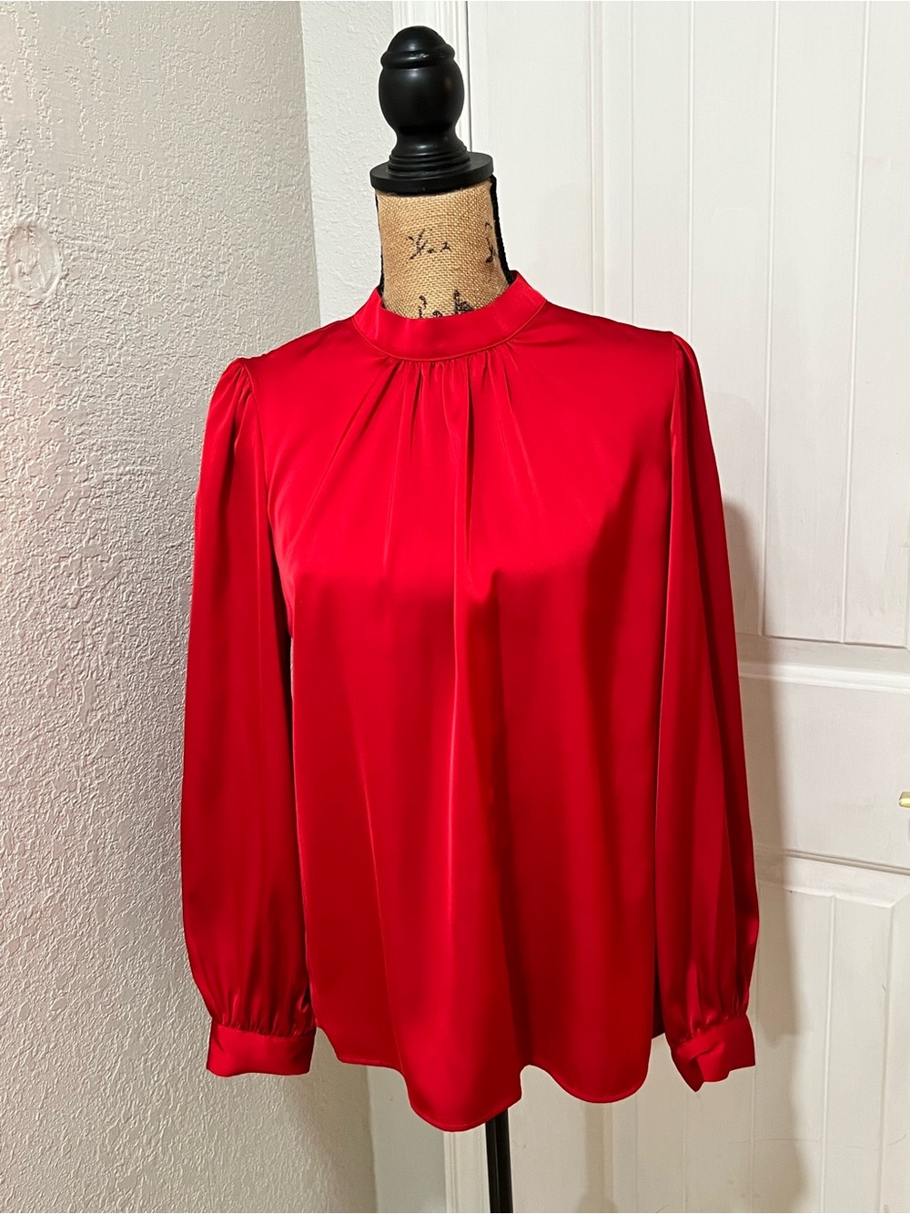 Calvin Klein Red Satin Mock-Neck Long-Sleeve Blouse